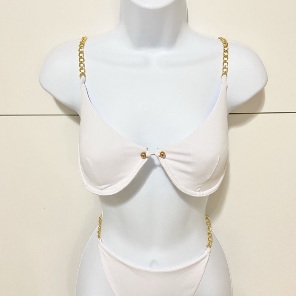Sale! White Bikini with Gold Metal Strap Accents Women’s Size Large